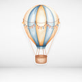 Hot air balloon cardboard cutout with blue and orange design on a light gray background