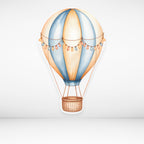 Hot air balloon cardboard cutout with blue and orange design on a light gray background