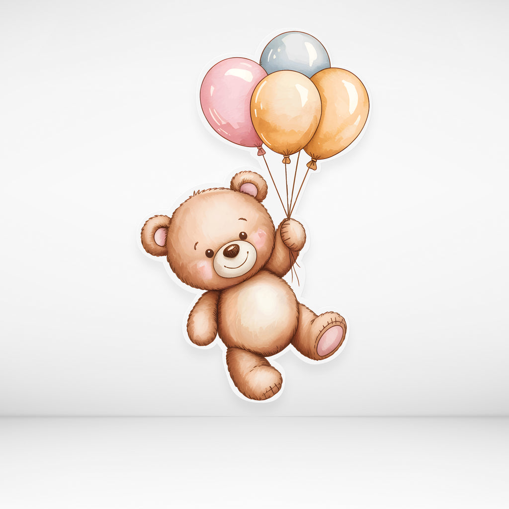 Cartoon teddy bear cutout holding balloons on a light gray background