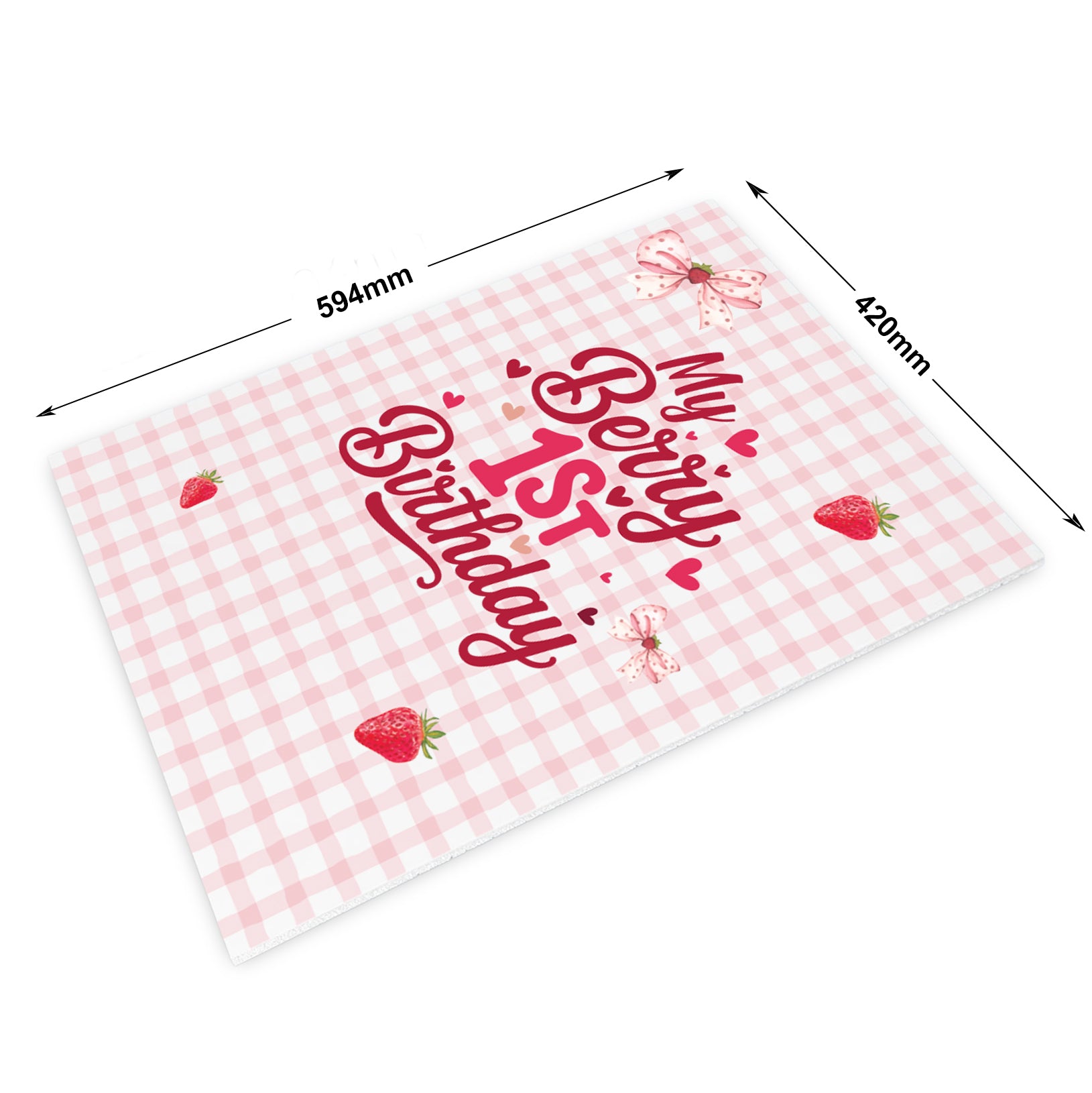 Pink checkered mat with 'My 1st Birthday' text and strawberry graphics, with dimensions indicated.
