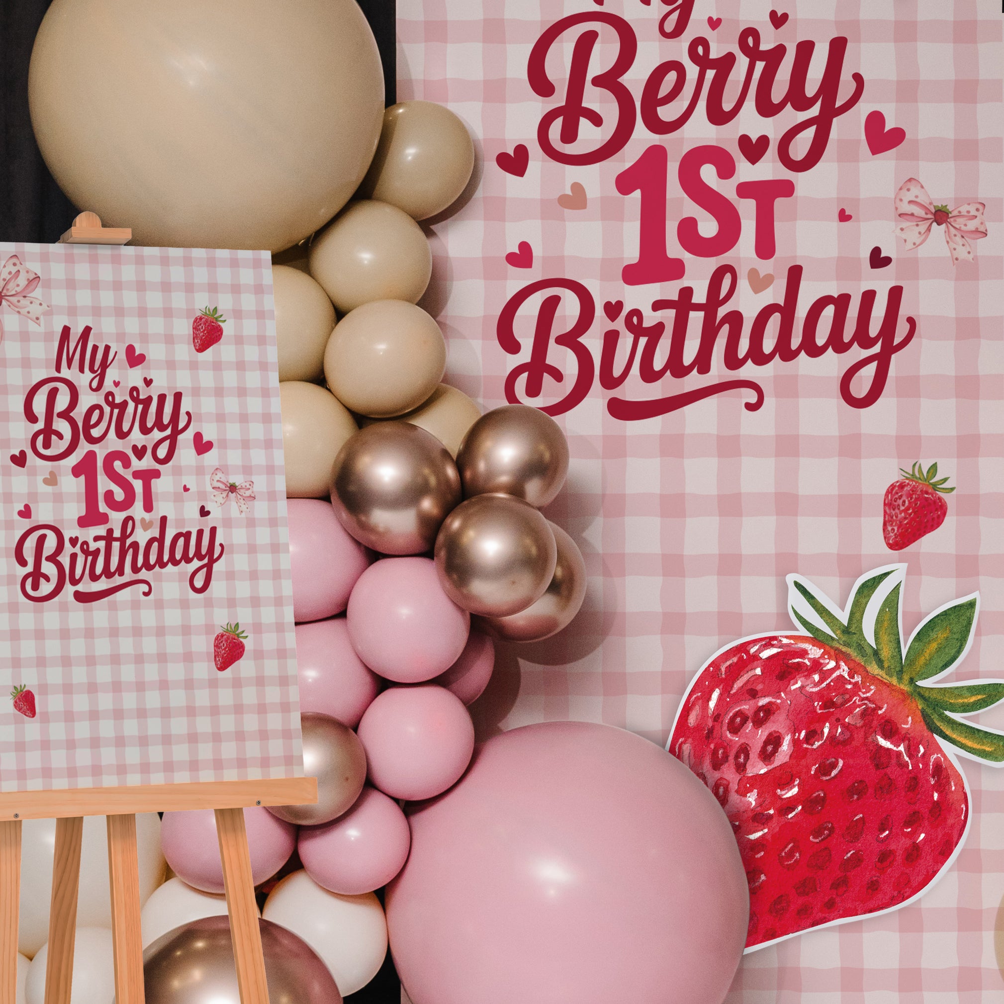 Decorative setup for a child's 1st birthday with balloons and 'My Berry 1st Birthday' sign.