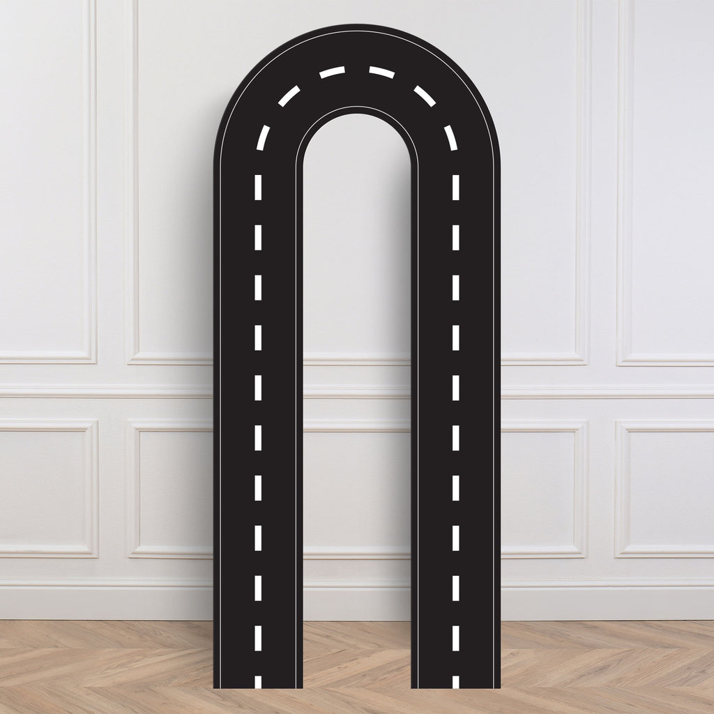 Black road track backdrop with white dashed lines