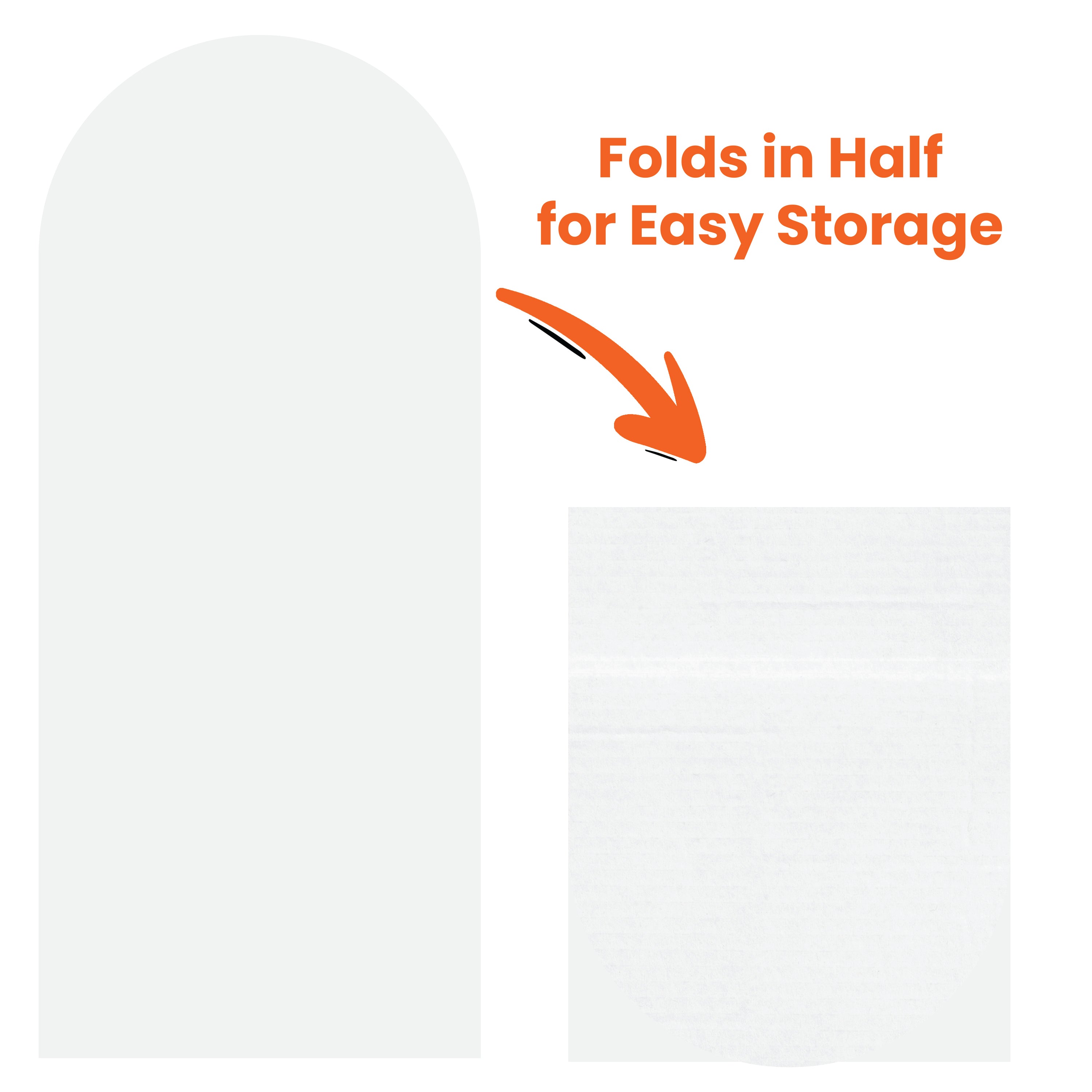 White sailbaord with text 'Folds in Half for Easy Storage' and an arrow pointing to a fold line on a white background.